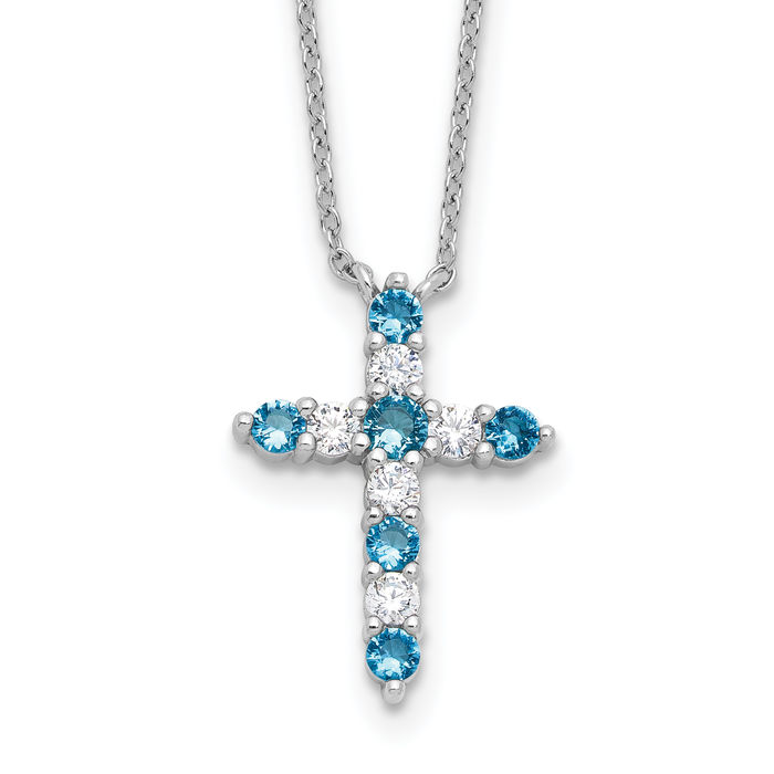 925 Sterling Silver Blue CZ Latin Cross Necklace