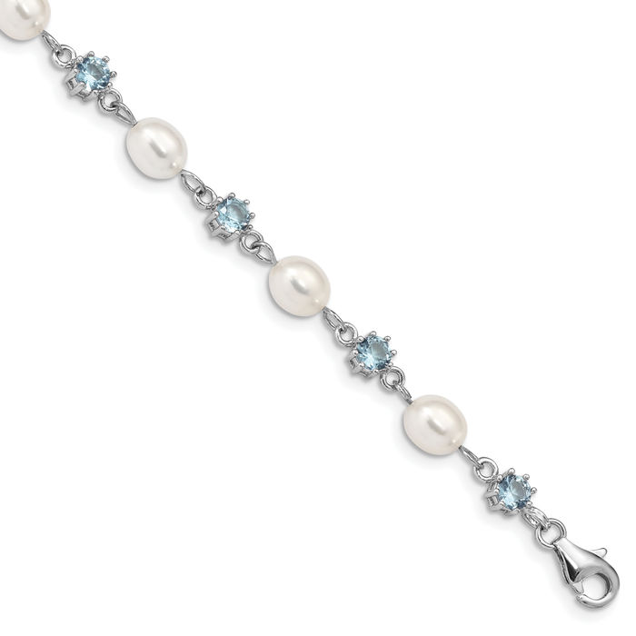 925 Sterling Silver Blue Cubic Zirconia CZ Freshwater Cultured Pearl Chain Bracelet