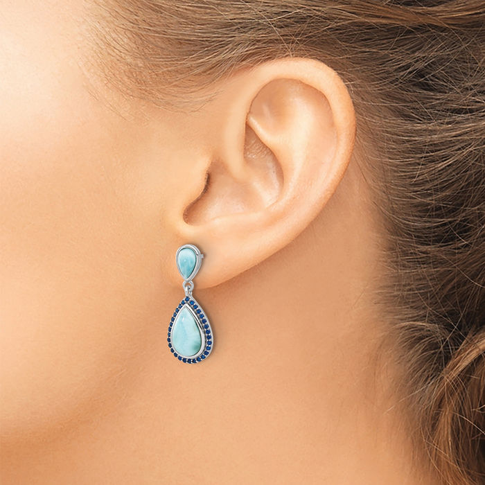 925 Sterling Silver Blue Cubic Zirconia CZ Larimar Teardrop Post Drop Dangle Earrings Pear Gemstone