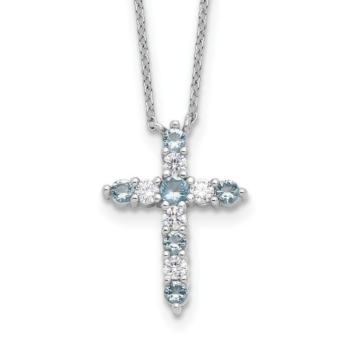 925 Sterling Silver Blue CZ Latin Cross Necklace