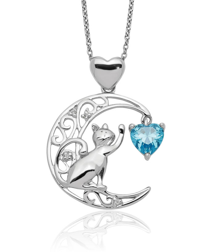 925 Sterling Silver Blue Cubic Zirconia CZ Cat Crescent Moon Chain Necklace Celestial Jewelry