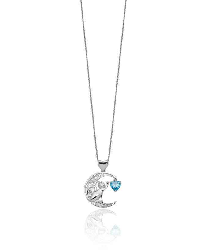 925 Sterling Silver Blue Cubic Zirconia CZ Cat Crescent Moon Chain Necklace Celestial Jewelry