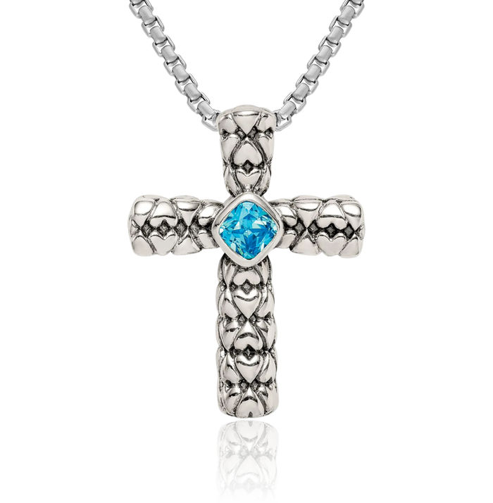 925 Sterling Silver Blue Cubic Zirconia CZ Holy Cross Floating Chain Slide Pendant Necklace Religious Jesus Christ Charm