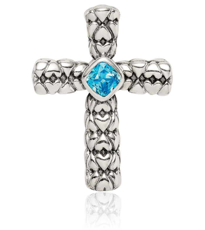 925 Sterling Silver Blue Cubic Zirconia CZ Holy Cross Floating Chain Slide Pendant Necklace Religious Jesus Christ Charm