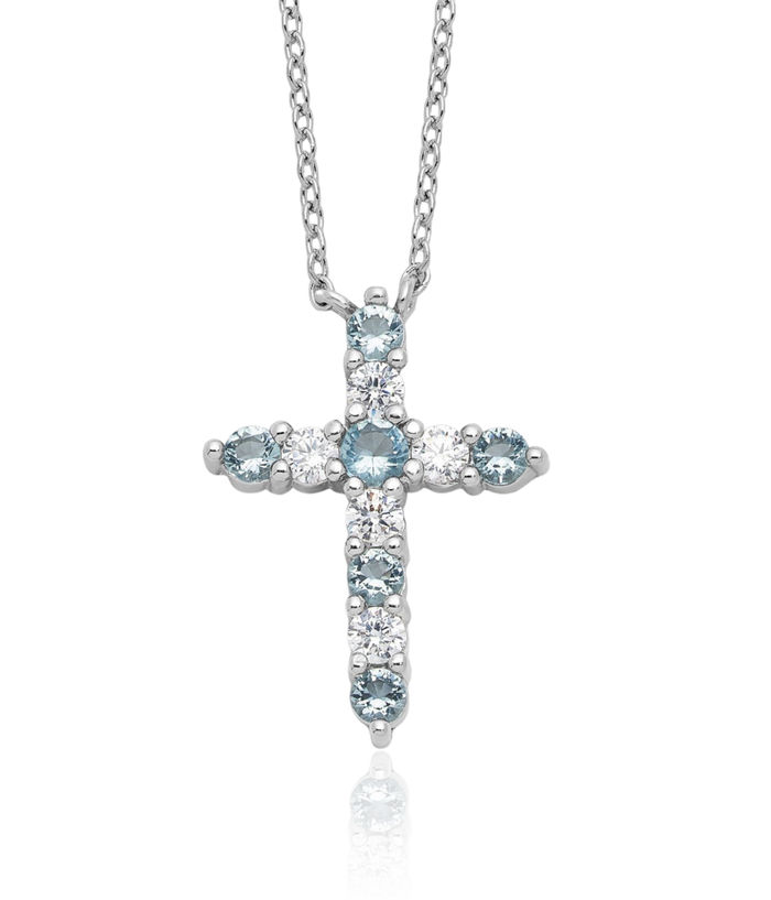 925 Sterling Silver Blue Cubic Zirconia CZ Latin Mexican Holy Cross Necklace Chain Gemstone Pendant Charm March Birthstone Jewelry