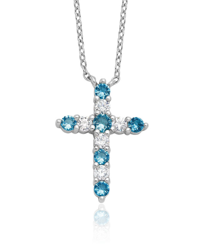 925 Sterling Silver Blue Cubic Zirconia CZ Latin Mexican Holy Cross Necklace Chain Gemstone Pendant Charm December Birthstone Jewelry