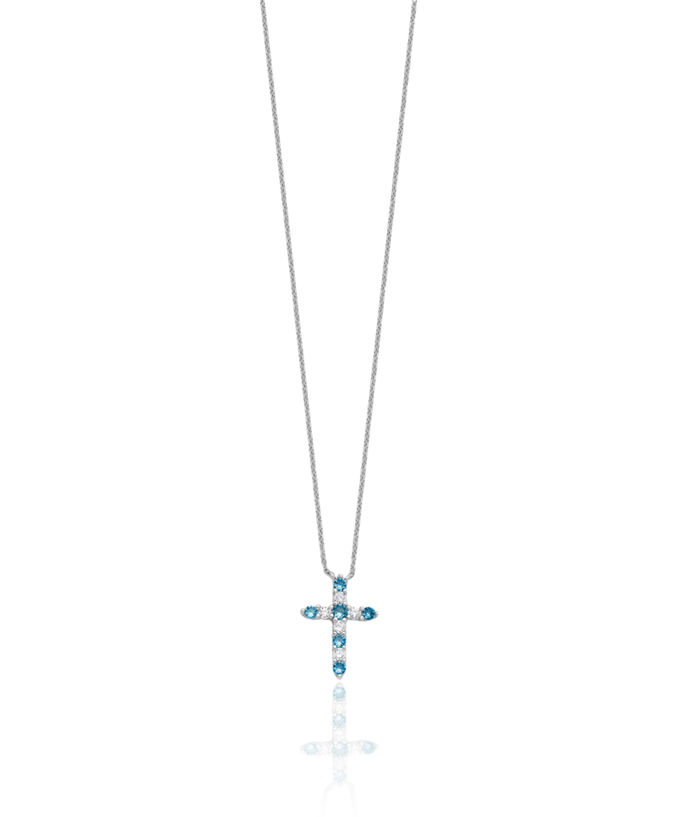 925 Sterling Silver Blue Cubic Zirconia CZ Latin Mexican Holy Cross Necklace Chain Gemstone Pendant Charm December Birthstone Jewelry