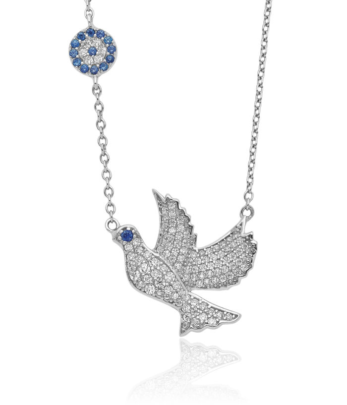 925 Sterling Silver Blue Cubic Zirconia CZ Dove Symbol Peace Love Holy Spirit Necklace Chain