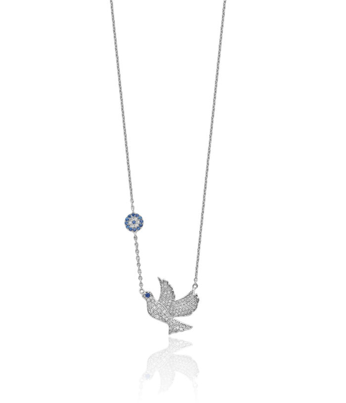 925 Sterling Silver Blue Cubic Zirconia CZ Dove Symbol Peace Love Holy Spirit Necklace Chain