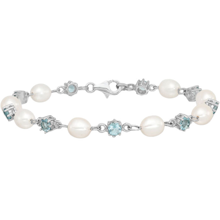 925 Sterling Silver Blue Cubic Zirconia CZ Freshwater Cultured Pearl Chain Bracelet