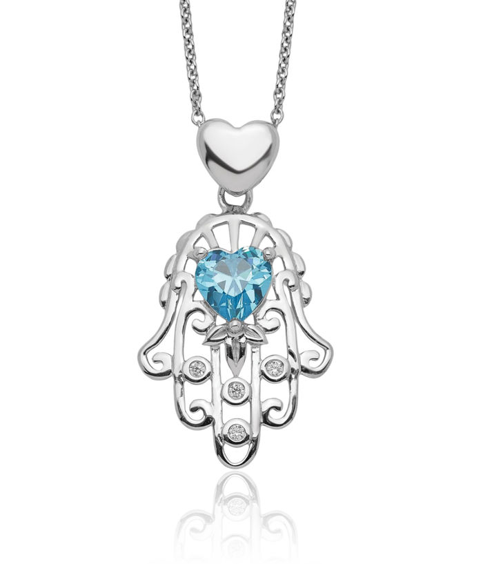 925 Sterling Silver Blue Cubic Zirconia CZ Hamsa Hand of Fatima Evil Eye Protection Chain Necklace