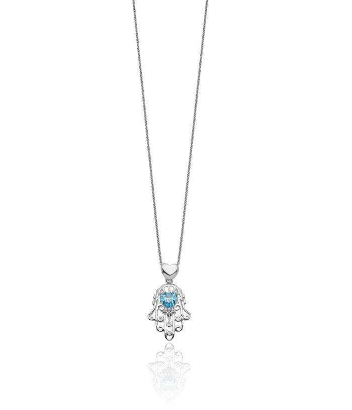 925 Sterling Silver Blue Cubic Zirconia CZ Hamsa Hand of Fatima Evil Eye Protection Chain Necklace