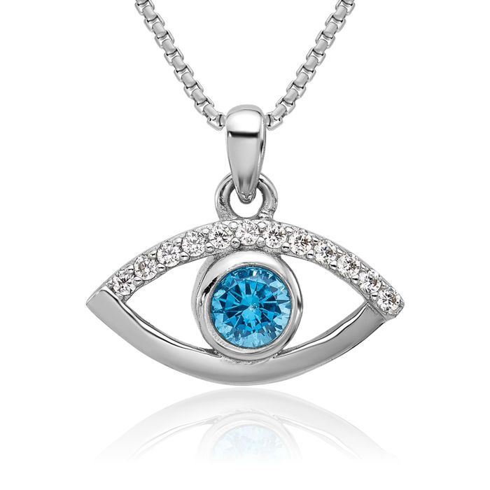 925 Sterling Silver Blue Cubic Zirconia CZ Hamsa Hand of Fatima Evil Eye Protection Good Luck Necklace Chain Pendant Charm