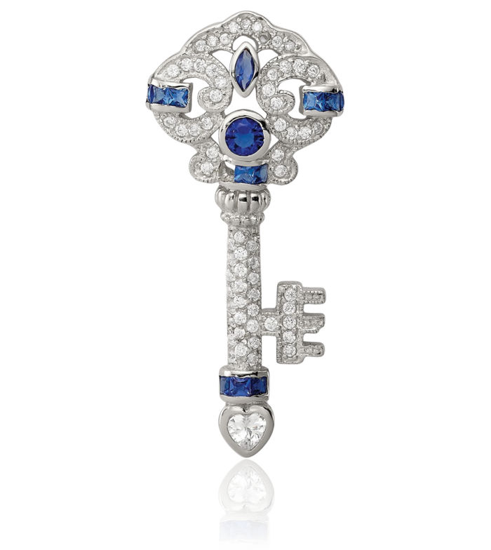 925 Sterling Silver Blue Cubic Zirconia CZ Key Slide Chain Necklace Pendant Charm