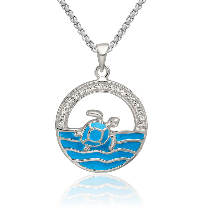 925 Sterling Silver Blue Cubic Zirconia CZ Sea Turtle Circle Round Necklace Chain Pendant Charm