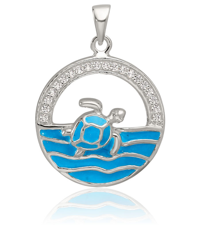 925 Sterling Silver Blue Cubic Zirconia CZ Sea Turtle Circle Round Necklace Chain Pendant Charm