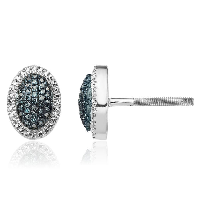 Sterling Silver Blue And White Diamond Oval Screwback Earrings
