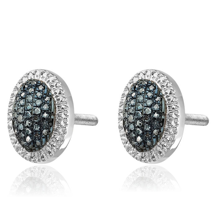 Sterling Silver Blue And White Diamond Oval Screwback Earrings
