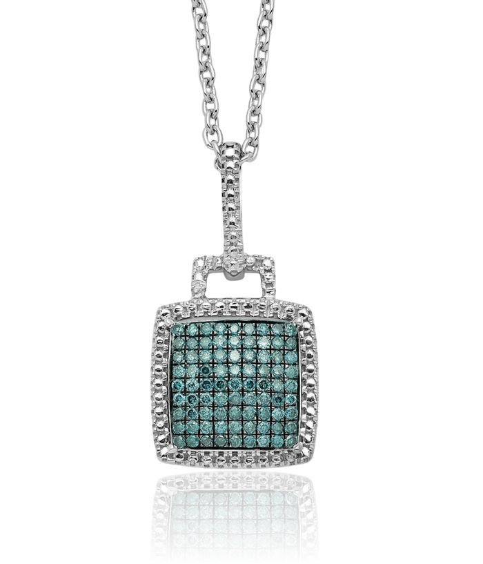 925 Sterling Silver Blue Diamond Square Pendant Necklace