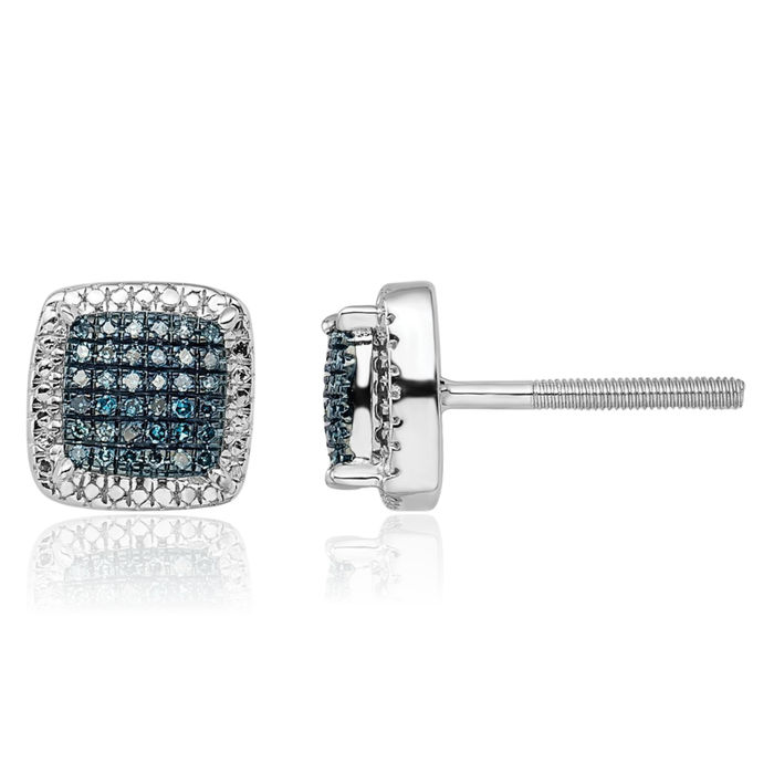 925 Sterling Silver Blue Diamond Square Screw Back Stud Earrings