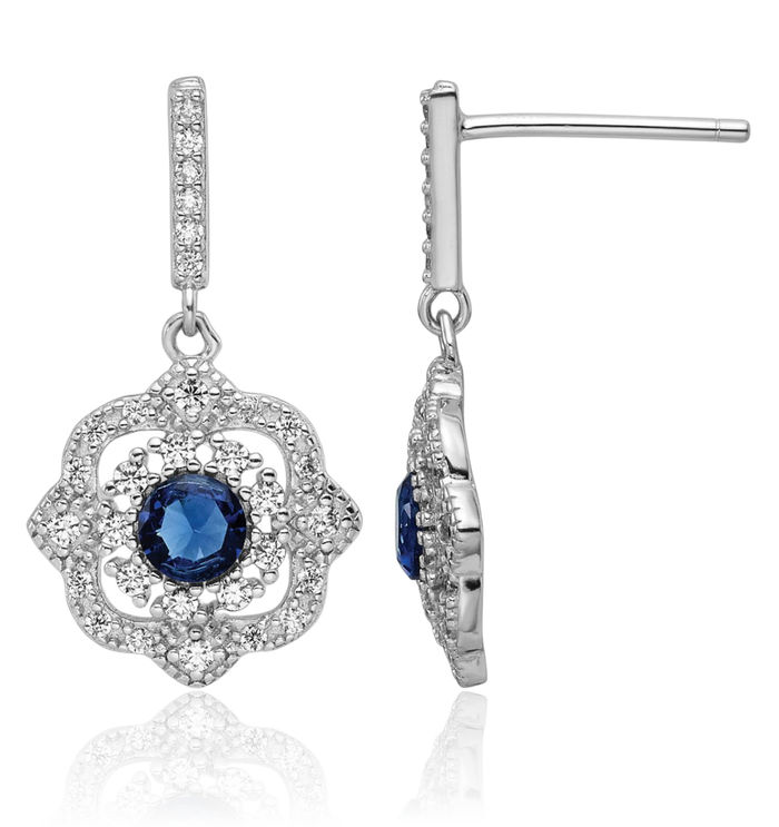 925 Sterling Silver Blue Glass Cubic Zirconia CZ Vintage Drop Dangle Earrings