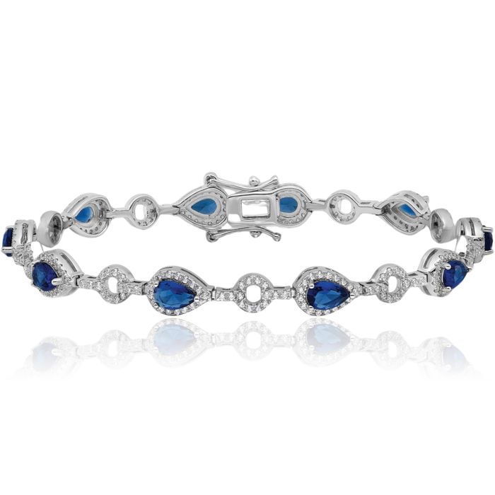 925 Sterling Silver Blue Glass White Cubic Zirconia CZ Circle Round Teardrop Chain Bracelet