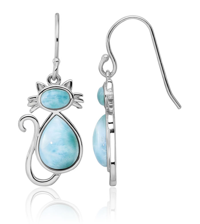 925 Sterling Silver Blue Larimar Cat Drop Dangle Earrings