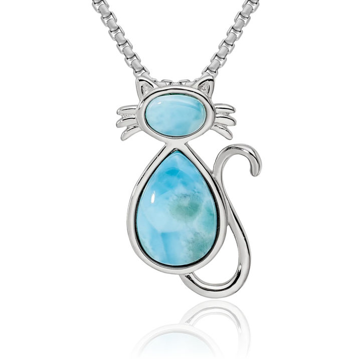 925 Sterling Silver Blue Larimar Cat Floating Chain Slide Pendant Necklace Charm