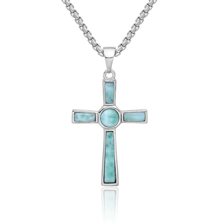 925 Sterling Silver Blue Larimar Latin Mexican Holy Cross Necklace Religious Chain Pendant Jesus Christ Charm