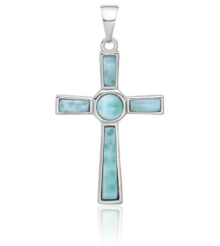 925 Sterling Silver Blue Larimar Latin Mexican Holy Cross Necklace Religious Chain Pendant Jesus Christ Charm