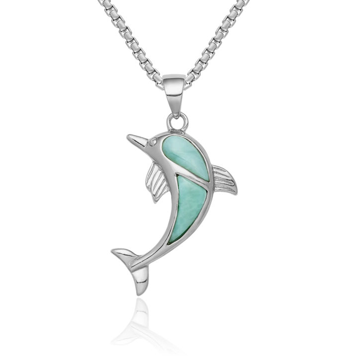 925 Sterling Silver Blue Larimar Sea Dolphin Necklace Ocean Fish Pendant Summer Beach Nautical Charm