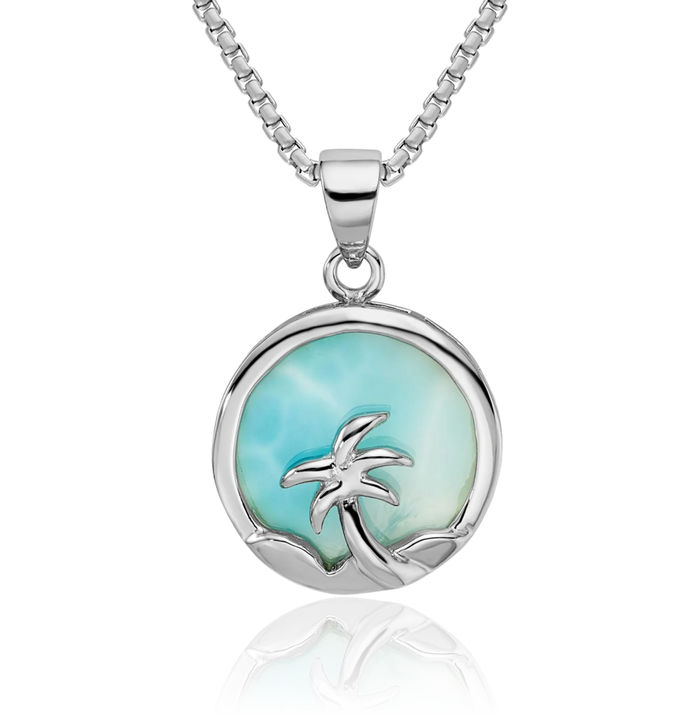 925 Sterling Silver Blue Larimar Palm Tree Necklace Summer Beach Pendant Tropical Charm