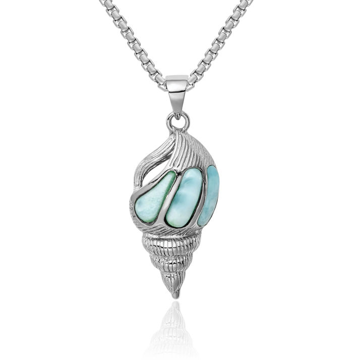 925 Sterling Silver Vintage Blue Larimar Shell Necklace Chain Pendant Charm