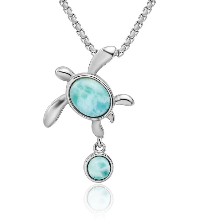 925 Sterling Silver Blue Larimar Sea Turtle Floating Chain Slide Pendant Necklace Charm