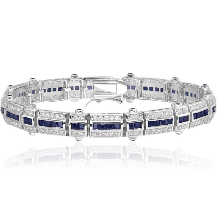 925 Sterling Silver Blue Sapphire Cubic Zirconia CZ Chain Gemstone Tennis Bracelet