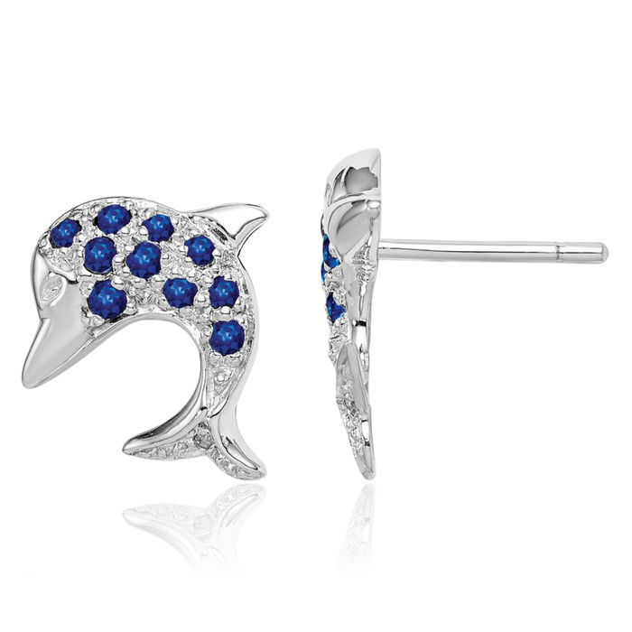 925 Sterling Silver Blue Sapphire Diamond Sea Dolphin Ocean Fish Beach Nautical Stud Earrings