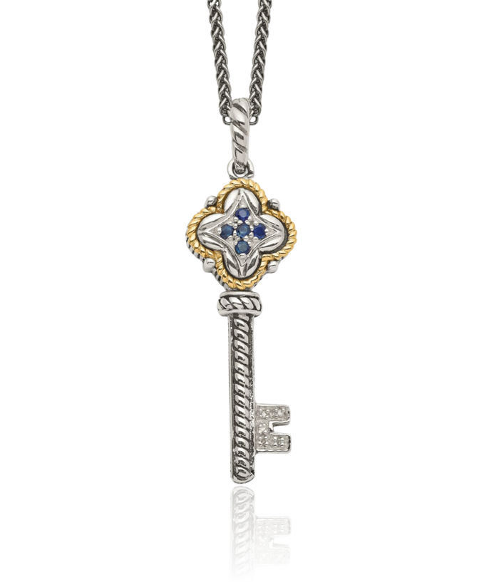 925 Sterling Silver Vintage Blue Sapphire Diamond Key Chain Necklace Gemstone Pendant Charm