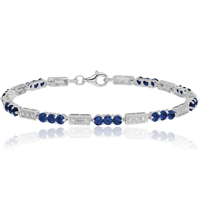 925 Sterling Silver Blue Sapphire Diamond Chain Gemstone Tennis Bracelet