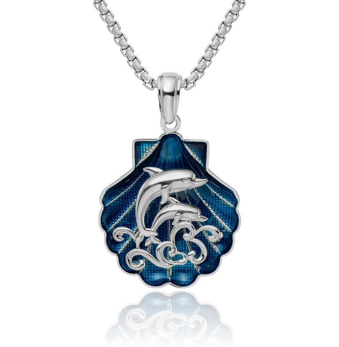 925 Sterling Silver Blue Shell Sea Dolphin Necklace Ocean Fish Pendant Summer Beach Nautical Charm