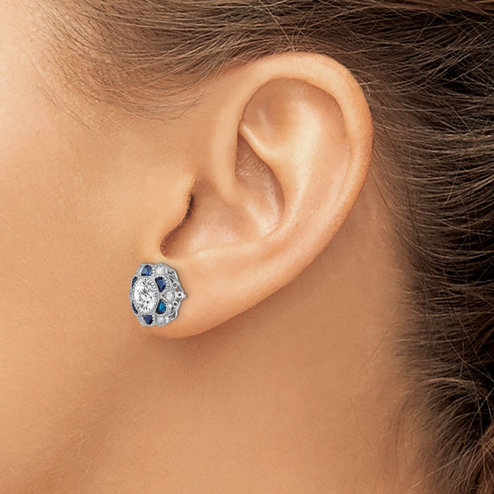 925 Sterling Silver Blue Spinel Cubic Zirconia CZ Flower Stud Earrings