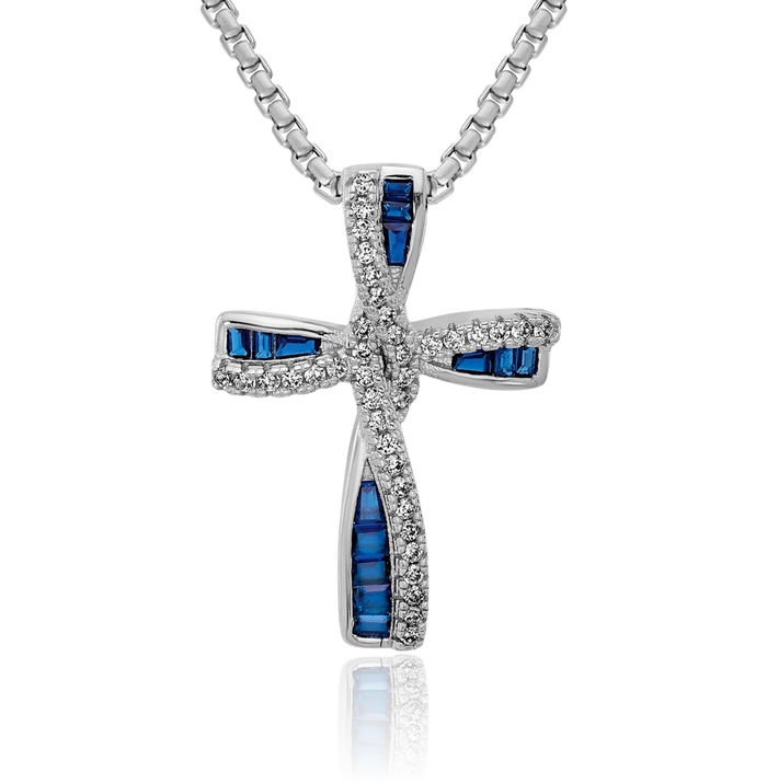 925 Sterling Silver Synthetic Blue Spinel Cubic Zirconia CZ Latin Mexican Holy Cross Necklace Religious Chain Pendant Jesus Christ Charm