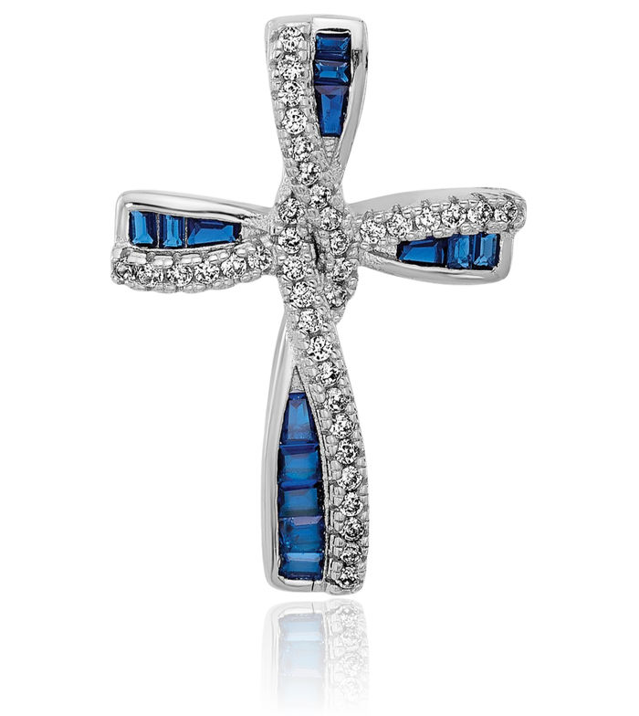 925 Sterling Silver Synthetic Blue Spinel Cubic Zirconia CZ Latin Mexican Holy Cross Necklace Religious Chain Pendant Jesus Christ Charm