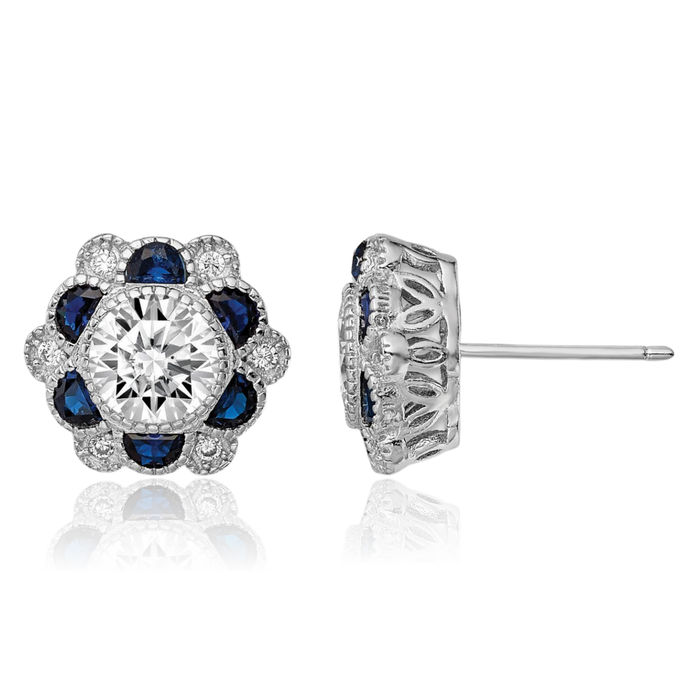 925 Sterling Silver Blue Spinel Cubic Zirconia CZ Flower Stud Earrings