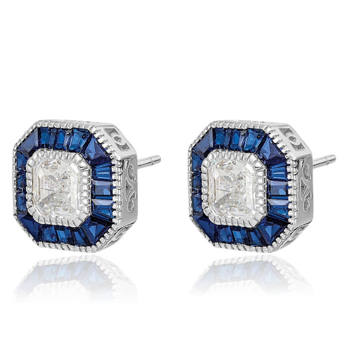 925 Sterling Silver Synthetic Blue Spinel Cubic Zirconia CZ Stud Earrings