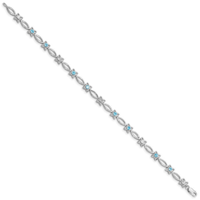 925 Sterling Silver Swiss Blue Topaz Diamond Chain Tennis Charm Bracelet