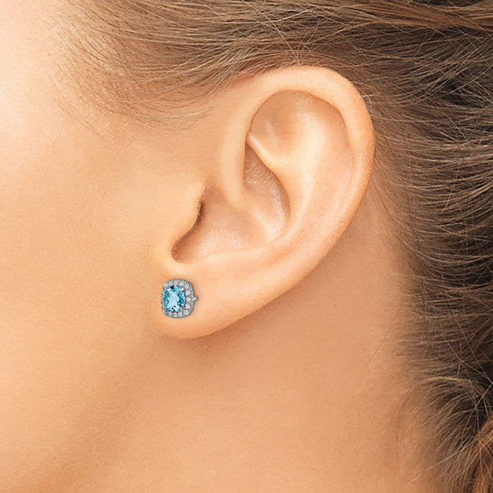 925 Sterling Silver Swiss Blue Topaz Lab White Sapphire Stud Earrings