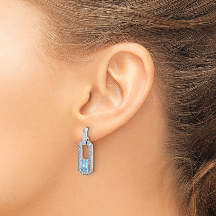 925 Sterling Silver Swiss Blue Topaz Cubic Zirconia CZ Post Drop Dangle Earrings Gemstone Push Back