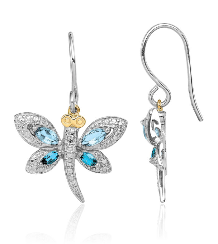 925 Sterling Silver Blue Topaz London Diamond Dragonfly Drop Dangle Earrings