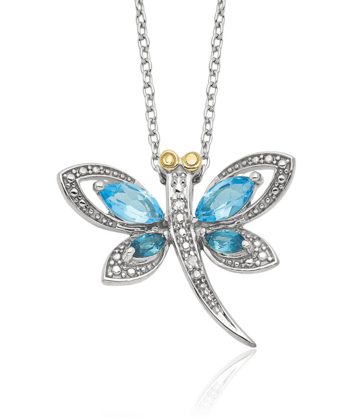 925 Sterling Silver Blue Topaz London Diamond Dragonfly Necklace Chain Gemstone Pendant Charm