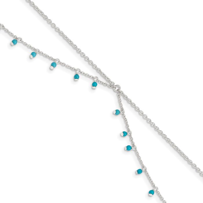 925 Sterling Silver Blue Turquoise Beads Double Chain Anklet Summer Beach Foot Ankle Bracelet